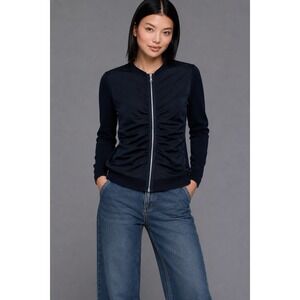 Adolfo Dominguez Navy Ruched Zip Front Jacket Cardigan S NWOT Spanish Designer